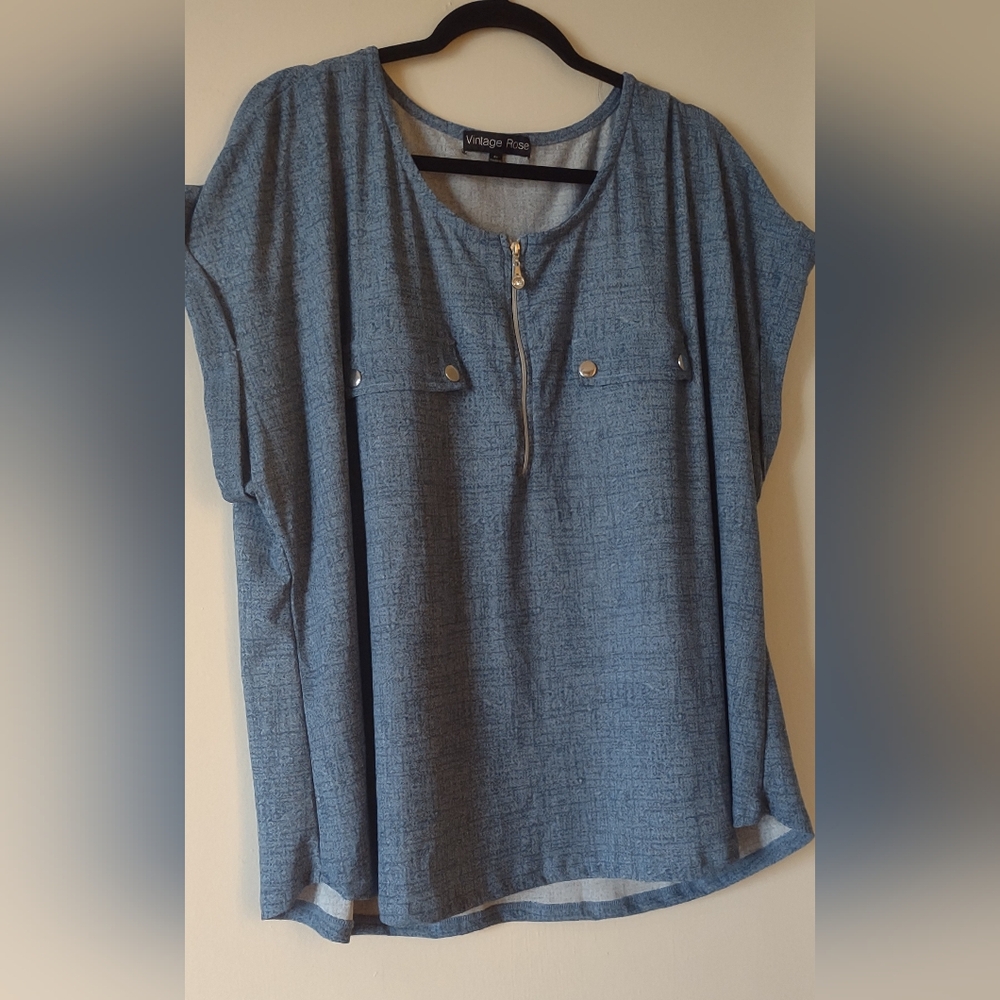 Vintage Rose 3X Denim Blue Polyester Blouse with Zipper Front Detail